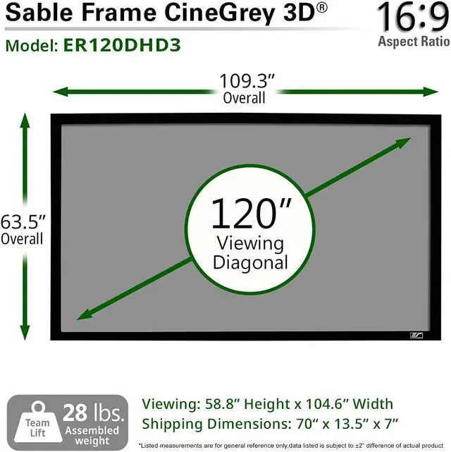 Alt view image 7 of 7 - Elite Screens 120-Inch ALR Projector Screen 16:9 Ceiling & Ambient Light Rejecting, Fixed Frame Wall Mounted, ISF-Certified CineGrey 3D for Home Theater, Standard Throw Projectors, ER120DHD3