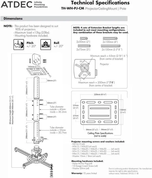 Alt view image 5 of 6 - Atdec TH-WH-PJ-CM Height Adjustable Ceiling Projector Mount for Displays up to 33-Pound, White