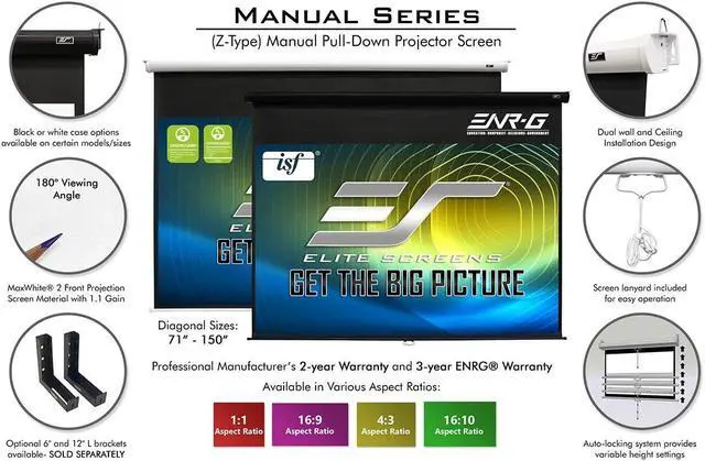 Alt view image 3 of 7 - Elite Screens Manual Series, 135-INCH 16:9, Pull Down Manual Projector Screen with AUTO Lock, M135XWH2 & 6'' White Projector Screen L-Brackets, Single Metal Welded Construction: ZVMAXLB6-W