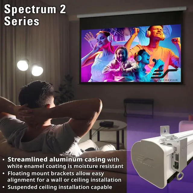Alt view image 2 of 7 - Elite Screens Spectrum 2 Electric Motorized Projector Screen, 110-Inch 16:9, 12-Inch Drop Down, MaxWhite FG 4K/8K UHD, SPM110H-E12