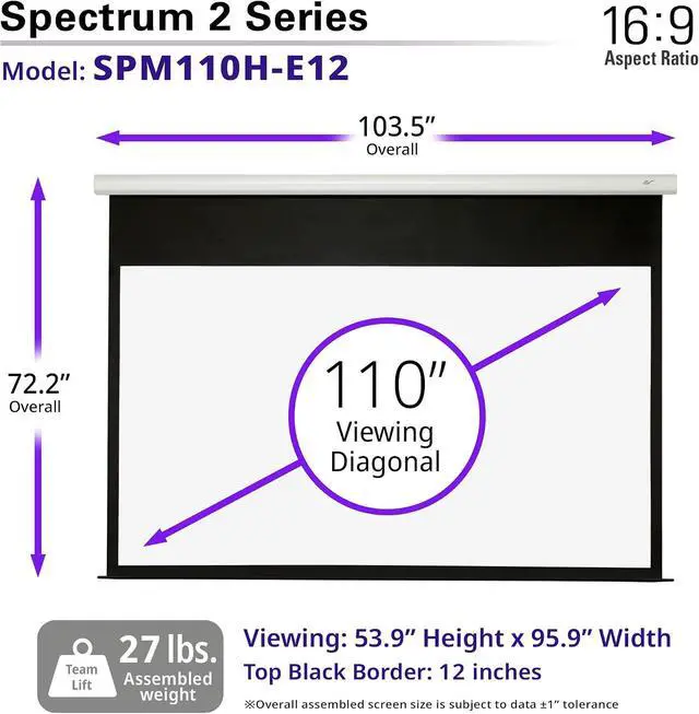 Alt view image 3 of 7 - Elite Screens Spectrum 2 Electric Motorized Projector Screen, 110-Inch 16:9, 12-Inch Drop Down, MaxWhite FG 4K/8K UHD, SPM110H-E12