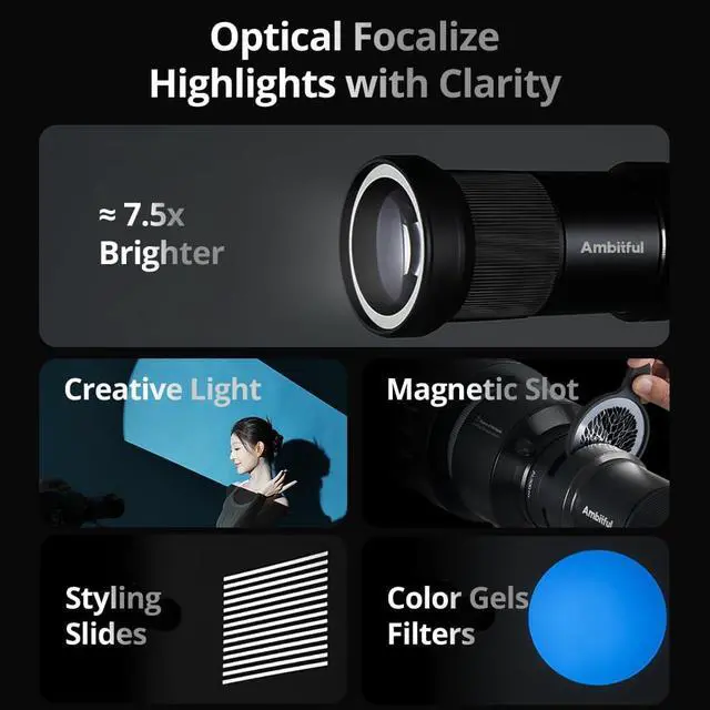Alt view image 2 of 7 - Ambitful AL300Pro Optical Snoot,with 20 Gobos,36° Lens Spotlight Bowens Mount Projector Attachment for COB Monolight Portraits,Photography Video Shape Light Studio,Godox LED Light