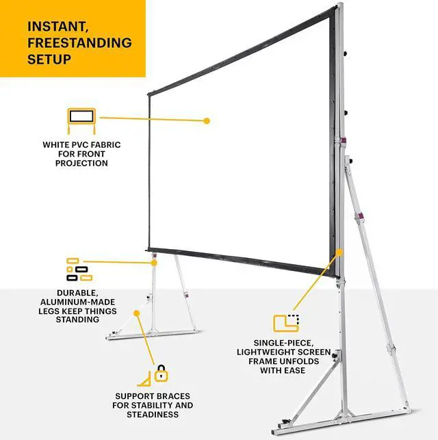 Alt view image 2 of 7 - Kodak 150 Portable Projector Screen W/Stand - Fast Fold White Projection Backdrop for Outdoor & Indoor Movies with Tripod, Outdoor Stability Kit, & Black Storage Carry Case