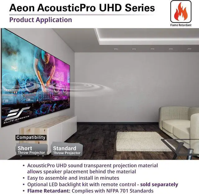Alt view image 6 of 7 - Elite Screens Aeon AUHD Series, 100-inch 16:9, 4K Home Theater Fixed Frame EDGE FREE Borderless Projection Sound Transparent Perforated Weave Projector Screen, AR100H2-AUHD