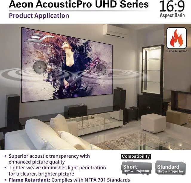 Alt view image 5 of 7 - Elite Screens Aeon AUHD Series, 100-inch 16:9, 4K Home Theater Fixed Frame EDGE FREE Borderless Projection Sound Transparent Perforated Weave Projector Screen, AR100H2-AUHD