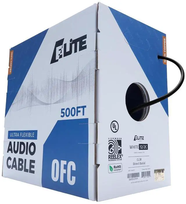 Main image of Elite 12/2 Speaker Wire, 12AWG/2-Conductor, UL Listed, CMR/CL3R, (Riser/in-Wall & Outdoor/In-Ground (Direct Burial)- 100% Oxygen Free Pure Bare Copper (OFC), 500ft Bulk Cable (65 Strands) Black