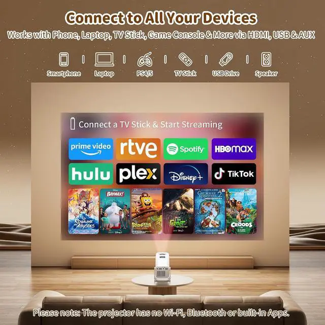 Alt view image 2 of 7 - Mini Projector with 4K Support, Portable Projector with Electric Focus & Keystone, 270° Rotatable Stand, Short Throw Home & Outdoor Movie Projector Compatible with TV Stick, Phone & Laptop