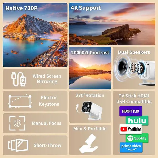 Alt view image 3 of 7 - Mini Projector with 4K Support, Portable Projector with Electric Focus & Keystone, 270° Rotatable Stand, Short Throw Home & Outdoor Movie Projector Compatible with TV Stick, Phone & Laptop