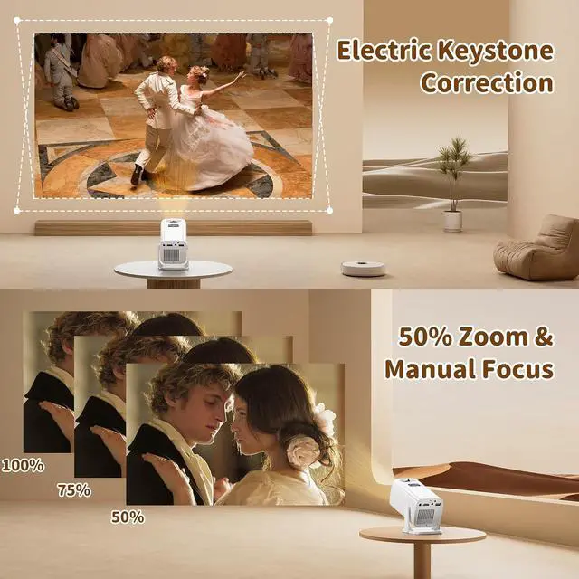 Alt view image 4 of 7 - Mini Projector with 4K Support, Portable Projector with Electric Focus & Keystone, 270° Rotatable Stand, Short Throw Home & Outdoor Movie Projector Compatible with TV Stick, Phone & Laptop