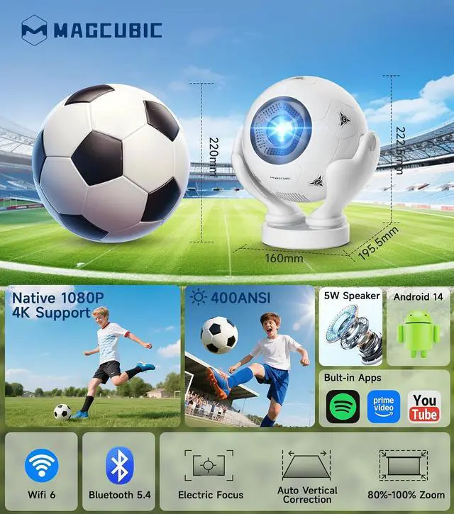 Alt view image 2 of 7 - Magcubic HY320F Smart Projector, Native 1080P 4K Support, WiFi 6 & Bluetooth 5.4, 400 ANSI, Android 14, Electric Focus Short Throw, Portable Mini Projector for Home Theater Outdoor Movie Gaming