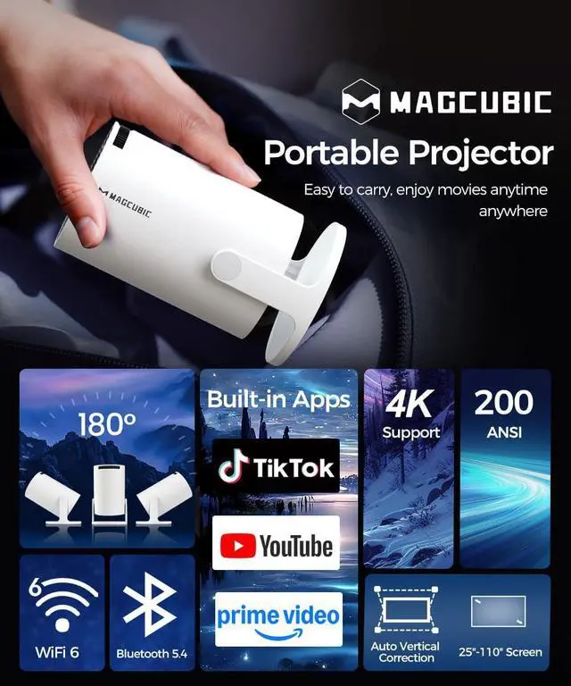 Alt view image 2 of 7 - Magcubic Mini Projector with WiFi6 and Bluetooth5.4, 4K Support Smart Portable Proyector, Andriod 14 & 200ANSl & AutoKeystone, 180° Rotation & 720P Native HY300Pro for Bedroom Home Outdoor Cinema