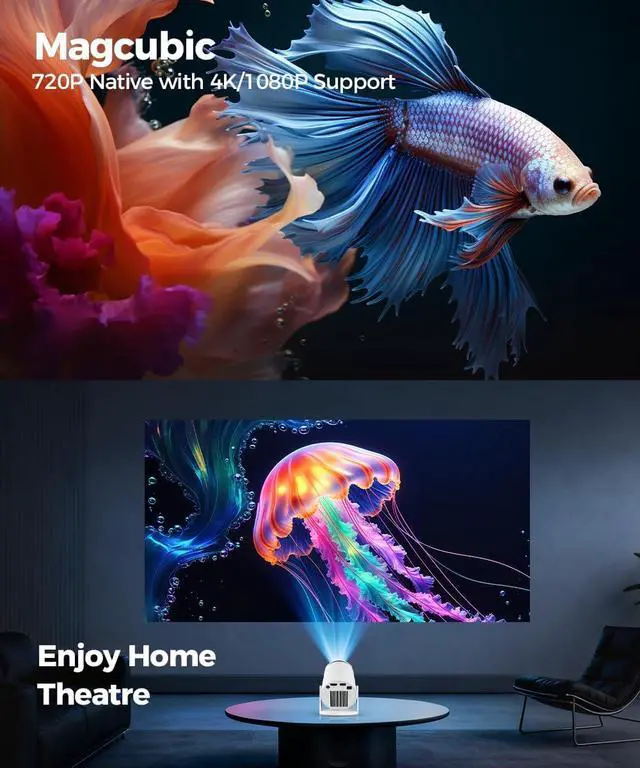 Alt view image 5 of 7 - Magcubic Mini Projector with WiFi6 and Bluetooth5.4, 4K Support Smart Portable Proyector, Andriod 14 & 200ANSl & AutoKeystone, 180° Rotation & 720P Native HY300Pro for Bedroom Home Outdoor Cinema
