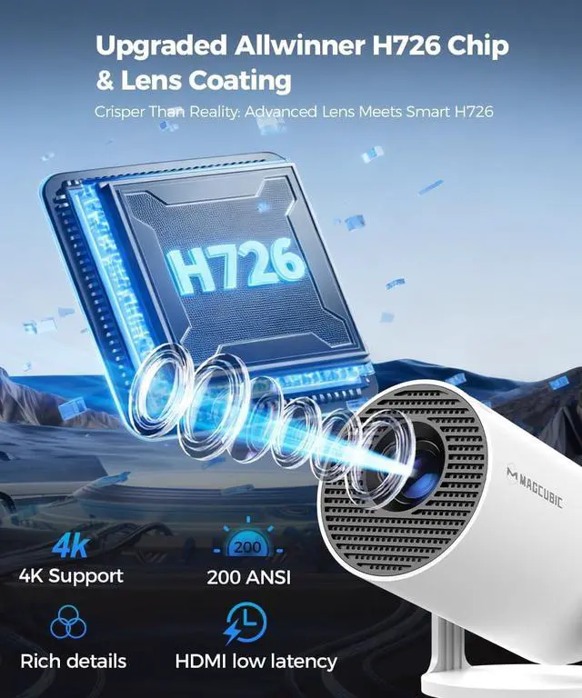 Alt view image 6 of 7 - Magcubic Mini Projector with WiFi6 and Bluetooth5.4, 4K Support Smart Portable Proyector, Andriod 14 & 200ANSl & AutoKeystone, 180° Rotation & 720P Native HY300Pro for Bedroom Home Outdoor Cinema