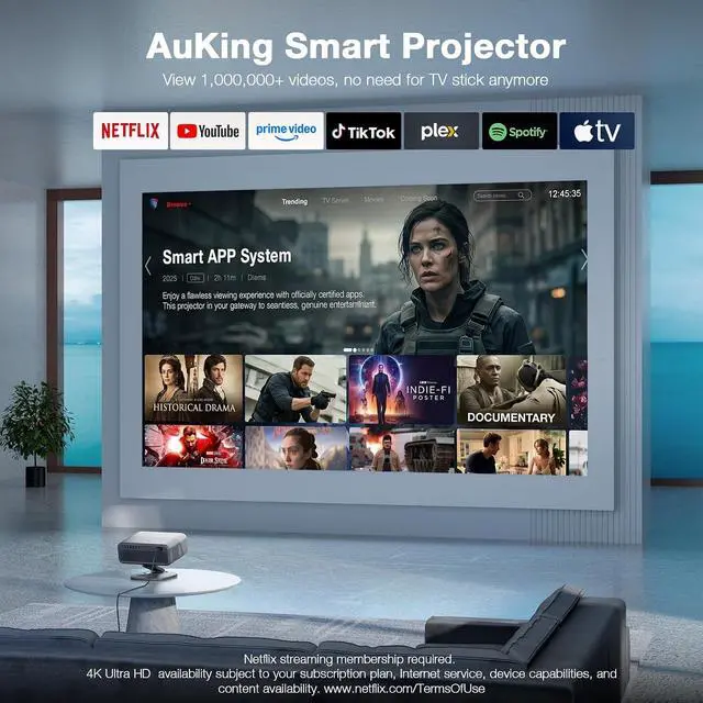 Alt view image 3 of 7 - Now with Netflix & 4500 ANSISmart 4K Projector with WiFi and Bluetooth, Auto Focus & Keystone Portable Outdoor Projector, AuKing Home Theater Proyector with Adjustable Stand(Grey)