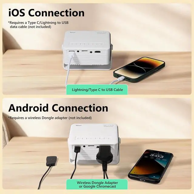 Alt view image 3 of 7 - 360° Rotating & Auto KeystoneYoton Y3 Mini Projector, 2026 Upgraded Portable Projector for Bedroom, 50% Zoom Small Movie Projector for phone, Compatible with iPhone/Android/TV Stick/HDMI/USB/TF Card