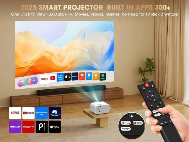 Alt view image 2 of 7 - VIZONY 1080P Smart Projector with WiFi Bluetooth, Built-in 300+ Apps with Netflix/YouTube/ Prime Video Apps, Auto Focus+Keystone, Full-Sealed Optical Engine, Portable Mini Indoor Outdoor