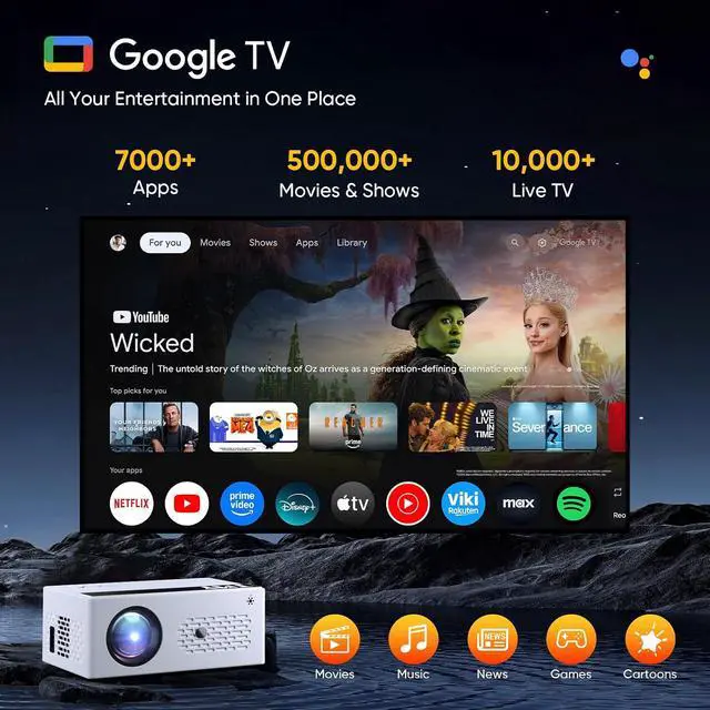 Alt view image 3 of 7 - TMY Smart Projector with Google TV System, Native 1080P 4K Support Home Theater Movie Projector, with Built-in Speaker, WiFi and Bluetooth, Compatible with Phone/TV Stick/PC/PS5, Indoor Outdoor Use