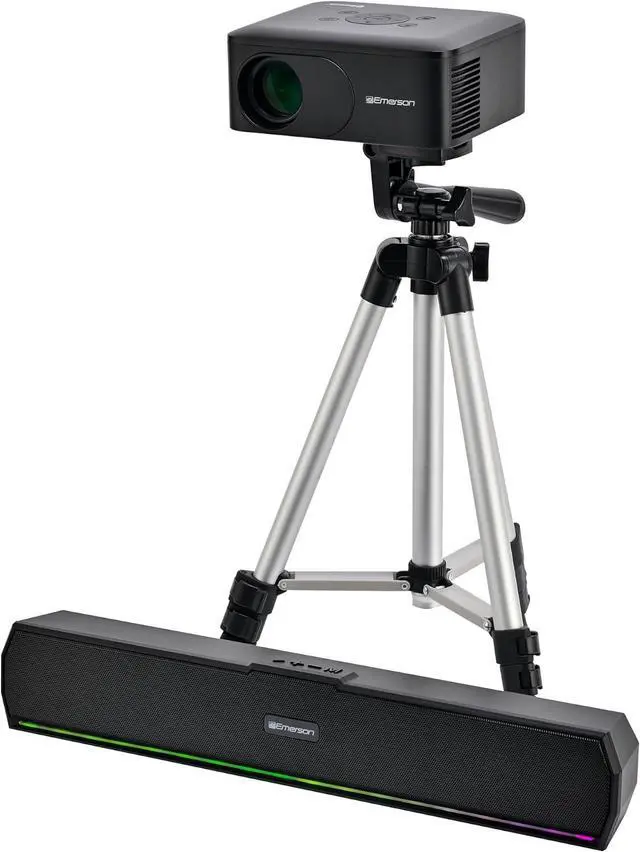 Main image of Emerson EVP-2005C Portable 120" Home Theater Projector, 720P HD Bluetooth Projector with Soundbar Kit, Bluetooth 5.3, HDMI/USB/AV Inputs, Travel Bag & Tripod, Complete Entertainment Kit