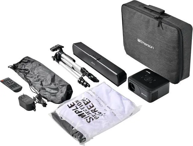 Alt view image 3 of 7 - Emerson EVP-2005C Portable 120" Home Theater Projector, 720P HD Bluetooth Projector with Soundbar Kit, Bluetooth 5.3, HDMI/USB/AV Inputs, Travel Bag & Tripod, Complete Entertainment Kit