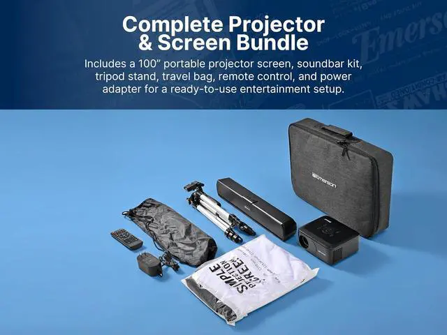 Alt view image 6 of 7 - Emerson EVP-2005C Portable 120" Home Theater Projector, 720P HD Bluetooth Projector with Soundbar Kit, Bluetooth 5.3, HDMI/USB/AV Inputs, Travel Bag & Tripod, Complete Entertainment Kit