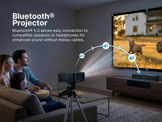 Alt view image 5 of 7 - Emerson EVP-2005C Portable 120" Home Theater Projector, 720P HD Bluetooth Projector with Soundbar Kit, Bluetooth 5.3, HDMI/USB/AV Inputs, Travel Bag & Tripod, Complete Entertainment Kit