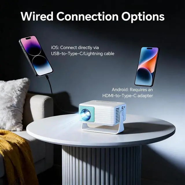 Alt view image 3 of 7 - WOLFANG Mini Projector, Portable Projector with 1080P Input Support, Native 720P Resolution, Automatic Keystone Correction, 50% Zoom & 180° Rotation, Compatible with iOS/Android/Laptop/TV Stick