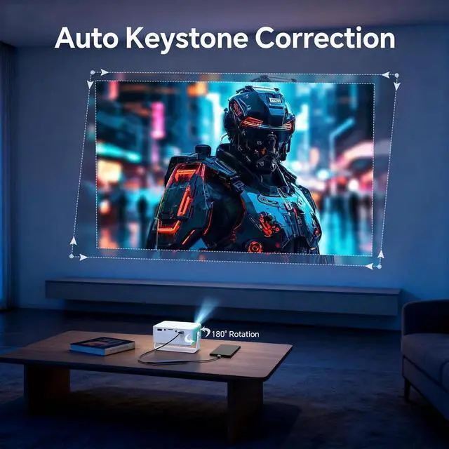 Alt view image 4 of 7 - WOLFANG Mini Projector, Portable Projector with 1080P Input Support, Native 720P Resolution, Automatic Keystone Correction, 50% Zoom & 180° Rotation, Compatible with iOS/Android/Laptop/TV Stick