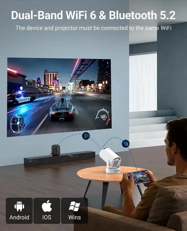 Alt view image 2 of 7 - Mini Projector with WiFi and Bluetooth, Support 4K 170 ANSI Auto Keystone Correction, 5W Soundbase Speaker, 210° Rotatable Portable Projector, 25"-110" Screen Video Projector for Smartphone/Laptop