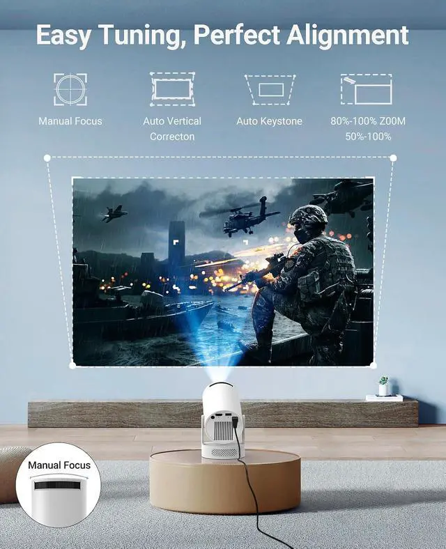 Alt view image 3 of 7 - Mini Projector with WiFi and Bluetooth, Support 4K 170 ANSI Auto Keystone Correction, 5W Soundbase Speaker, 210° Rotatable Portable Projector, 25"-110" Screen Video Projector for Smartphone/Laptop