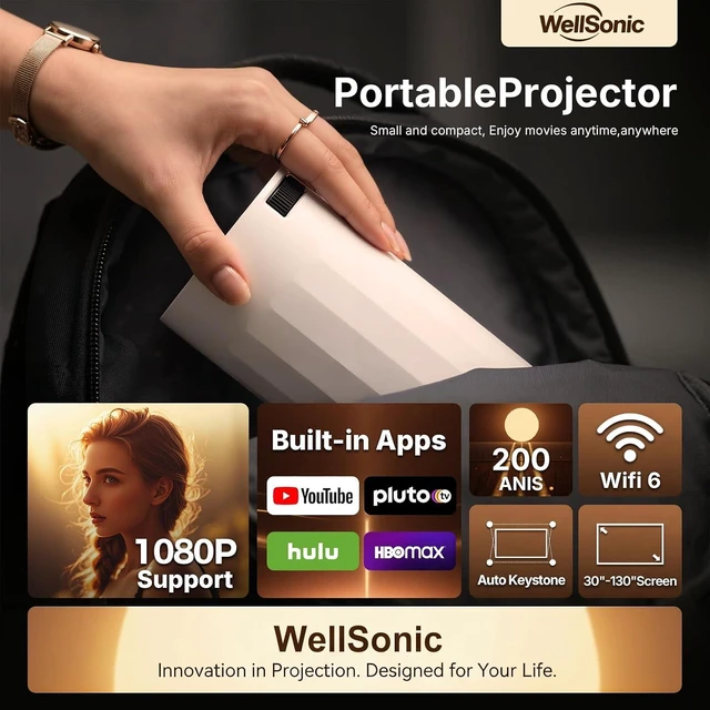 Alt view image 2 of 7 - Mini Projector with WiFi and Bluetooth, Portable Movie Projector Support 1080P, Auto Keystone,210° Rotation, Smart Projector Compatible with HDMI Phone for Bedroom