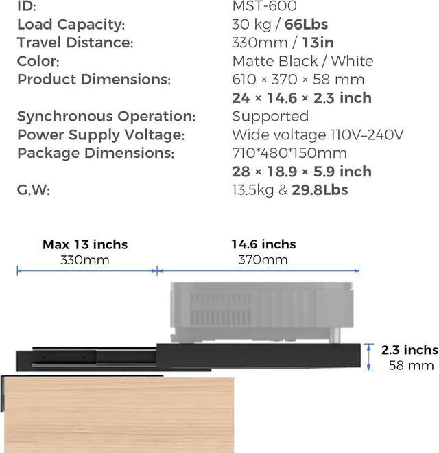 Alt view image 2 of 7 - MST-600-W Motorized Slider Tray for Ultra Short Throw & Laser Projector TV. Projector Shelf Extend to 150" Picture. Auto Telescopic Retractable Tray, Three Types Installation, Max Load 40lbs - White