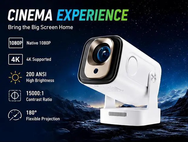 Alt view image 2 of 7 - 2026 Oklumi Projector, Oklumi Native 1080P Smart Mini Movie Projector with 4K Support, WiFi 6 Bluetooth 5, 180° Adjustable Stand, Auto Keystone Correction, Built-in Speaker for Home Cinema, Outdoor