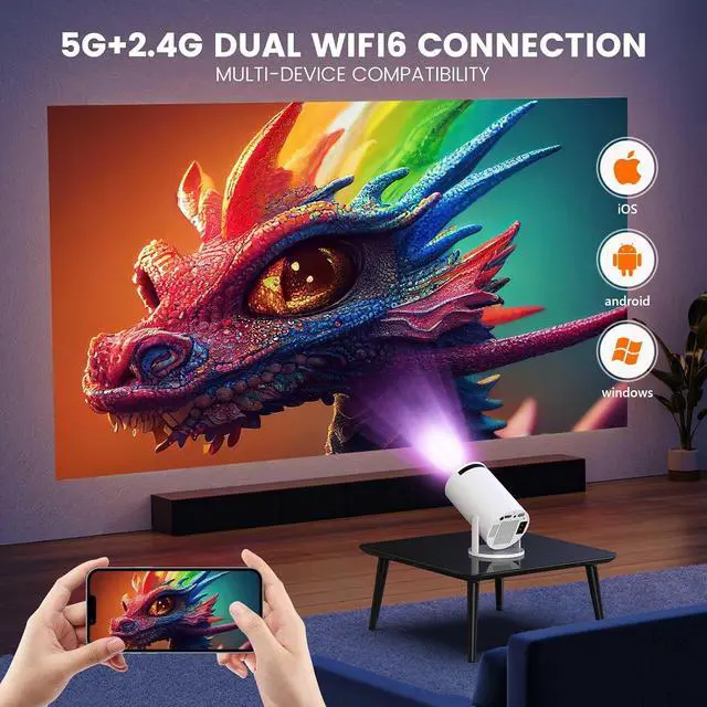 Alt view image 5 of 6 - HY300PRO-Game Console MINI Portable ProjectorSupport 4K 1080P with Dual-Band WIFI6 5G Wireless 5.2 Bluetooth Android 13,270° Rotatable, Auto Keystone Correction,35"-130" Screen Video Projector