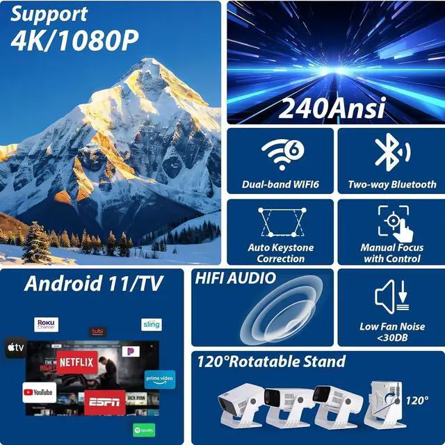 Alt view image 3 of 7 - Wielio 2026 Smart Projector Android TV with WiFi 6 and Bluetooth 5.0 Built in 1000+ Apps 240 ANSI Portable Bedroom Mini Movie Projector Support 4K/1080P Auto Keystone & Zoom