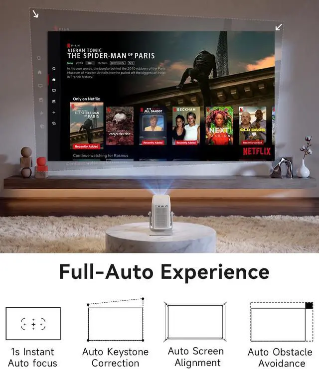 Alt view image 5 of 7 - OBE Smart Projector with WiFi and Bluetooth, 650 ISO Lumens (Actual Brightness) 4K Support and 1080P FHD, 2 Speakers, 1s Auto Focus/Keystone, Built in Apps, Noise<26dB, 210°Gimbal