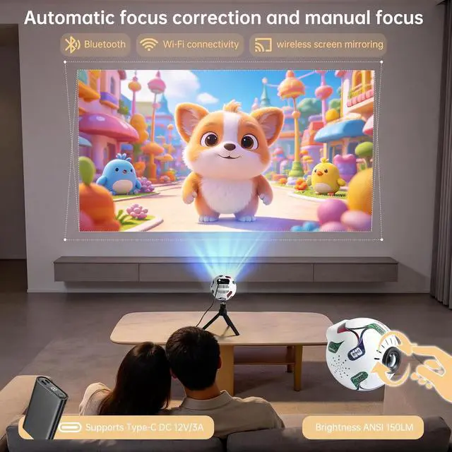 Alt view image 3 of 7 - Mini Outdoor Projector with WIFI and Bluetooth, Native 720P Smart Projector, 360° Rotation Auto Keystone, Portable Projector Compatible with Smartphone, Laptop, HDMI, USB