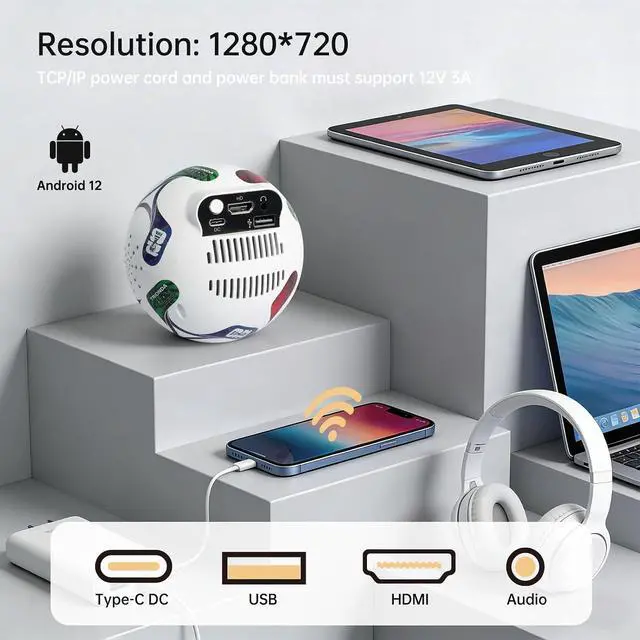 Alt view image 4 of 7 - Mini Outdoor Projector with WIFI and Bluetooth, Native 720P Smart Projector, 360° Rotation Auto Keystone, Portable Projector Compatible with Smartphone, Laptop, HDMI, USB