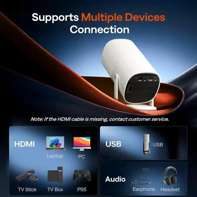 Alt view image 7 of 7 - Mini Smart 1080P Projector with WiFi & Bluetooth, 270° Adjustable Metal Stand, Portable Home & Outdoor Movie Projector