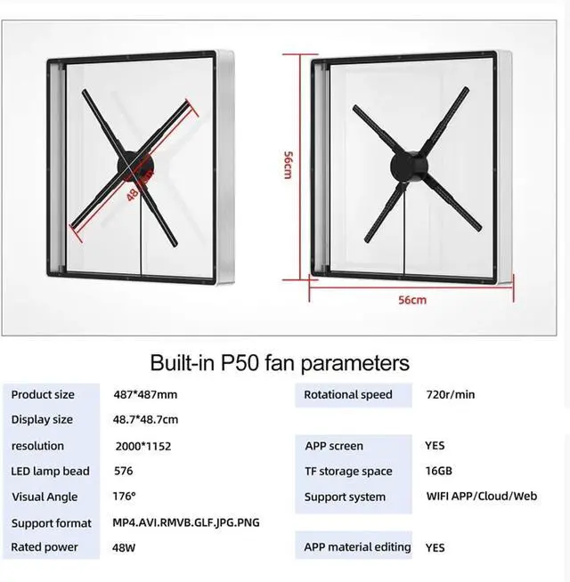 Alt view image 5 of 6 - 50cm/19.7in 3D Fan Hologram Projector Wifi Led Sign Holographic Lamp Player Remote Advertising Display Hologram Projector With Cover Simple Management(Gray)