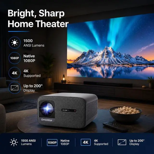 Alt view image 3 of 6 - CASIRIS OmniStar L80 4K Supported Projector 1500 ANSI Lumens, Native 1080P Full HD with Auto Focus & Auto Keystone, 200" Display, Dual 15W Speakers, WiFi, Bluetooth 5.0, HDMI/USB/TV Stick Compatible