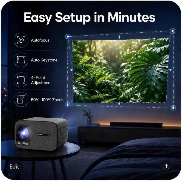 Alt view image 4 of 6 - CASIRIS OmniStar L80 4K Supported Projector 1500 ANSI Lumens, Native 1080P Full HD with Auto Focus & Auto Keystone, 200" Display, Dual 15W Speakers, WiFi, Bluetooth 5.0, HDMI/USB/TV Stick Compatible