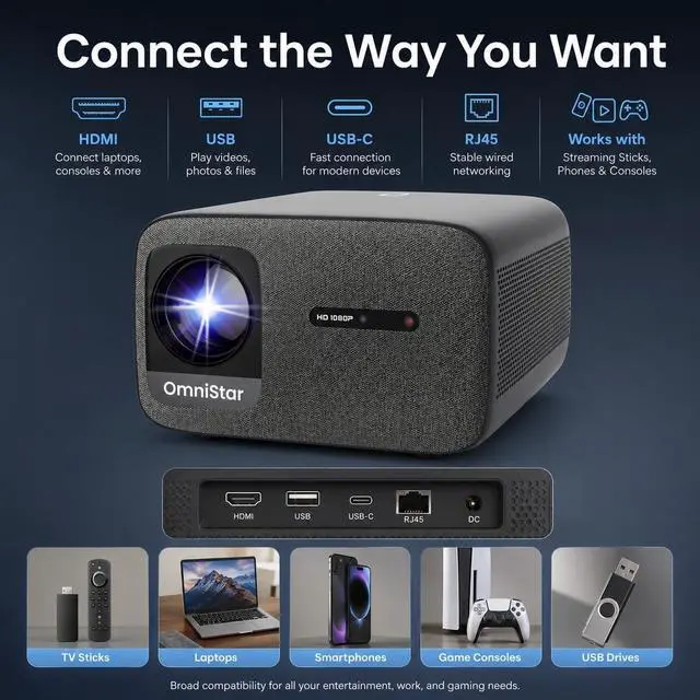 Alt view image 5 of 6 - CASIRIS OmniStar L80 4K Supported Projector 1500 ANSI Lumens, Native 1080P Full HD with Auto Focus & Auto Keystone, 200" Display, Dual 15W Speakers, WiFi, Bluetooth 5.0, HDMI/USB/TV Stick Compatible