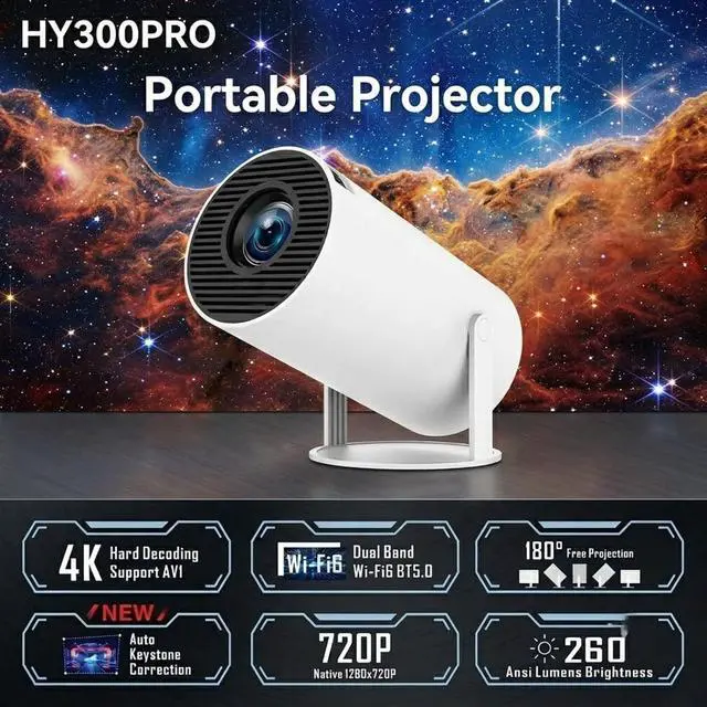 Alt view image 2 of 6 - Mini 210° Smart Projector with Extra Large-Screen Display, Smart Projector with WiFi,Supports 4K, 210° Rotatable Portable Projector with Built-in Apps & Auto Keystone for Home Outdoor (White)