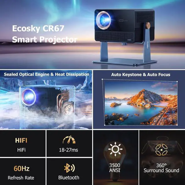 Alt view image 4 of 7 - CR67 Smart Projector Bundle with Projector Stand Table,4K Projector with WiFi and Bluetooth,3500 ANSI,Official Licensed Google TV,AI Image Correction,Movie Cinema for for Home Theater Bedroom