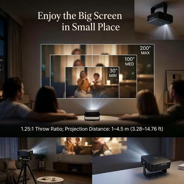 Alt view image 3 of 7 - EBTOOLS 4K Projector for 14 OS, 300 ANSI Brightness Auto Focus Keystone Correction 90 Rotatable Design 30 to 200 Inch Display, with USB and 3.5mm Audio Ports, for Home Indoor (Black)