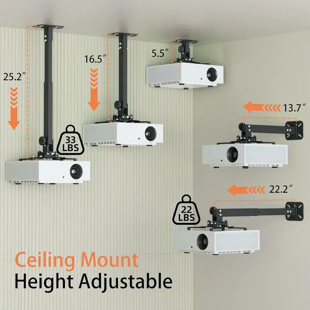 Alt view image 2 of 7 - Universal Projector Ceiling Mount, Adjustable Wall Mount Holder | 3-In-1 Projector Mount, Fits Flat or Sloped Ceiling, 360° Rotating with Extendable Arms for Home Office Projector, Black
