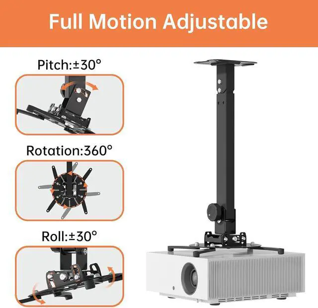 Alt view image 3 of 7 - Universal Projector Ceiling Mount, Adjustable Wall Mount Holder | 3-In-1 Projector Mount, Fits Flat or Sloped Ceiling, 360° Rotating with Extendable Arms for Home Office Projector, Black