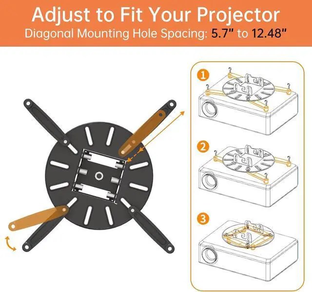 Alt view image 5 of 7 - Universal Projector Ceiling Mount, Adjustable Wall Mount Holder | 3-In-1 Projector Mount, Fits Flat or Sloped Ceiling, 360° Rotating with Extendable Arms for Home Office Projector, Black