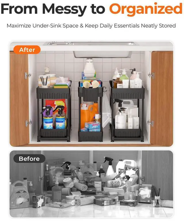 Alt view image 2 of 7 - 3-Pack 2-Tier Under Sink Organizers with Sliding Drawers