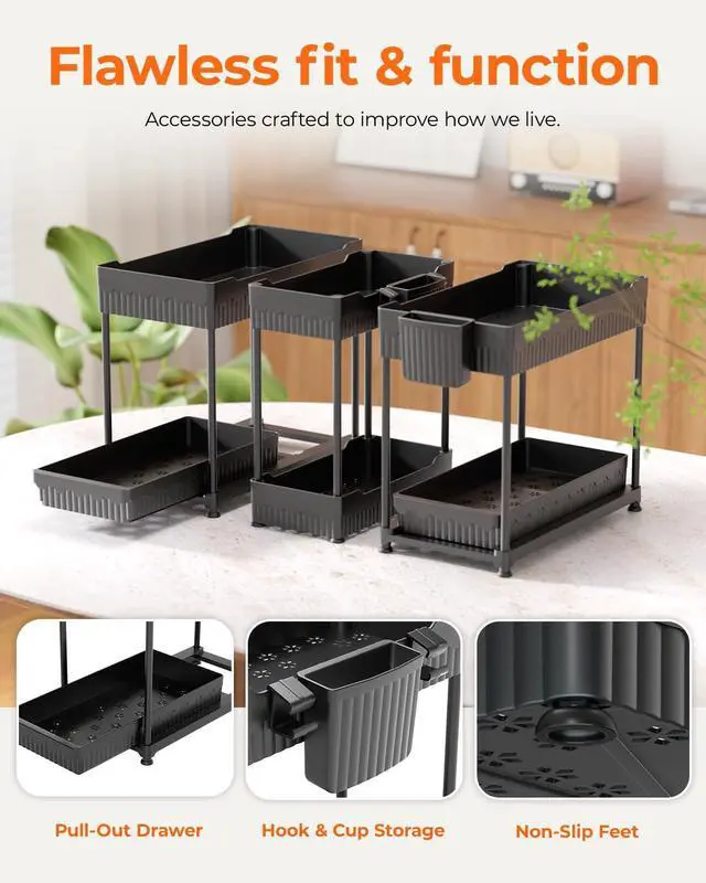 Alt view image 6 of 7 - 3-Pack 2-Tier Under Sink Organizers with Sliding Drawers